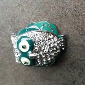 Green and Silver Enamel Owl Pin Brooch with Rhinestones
